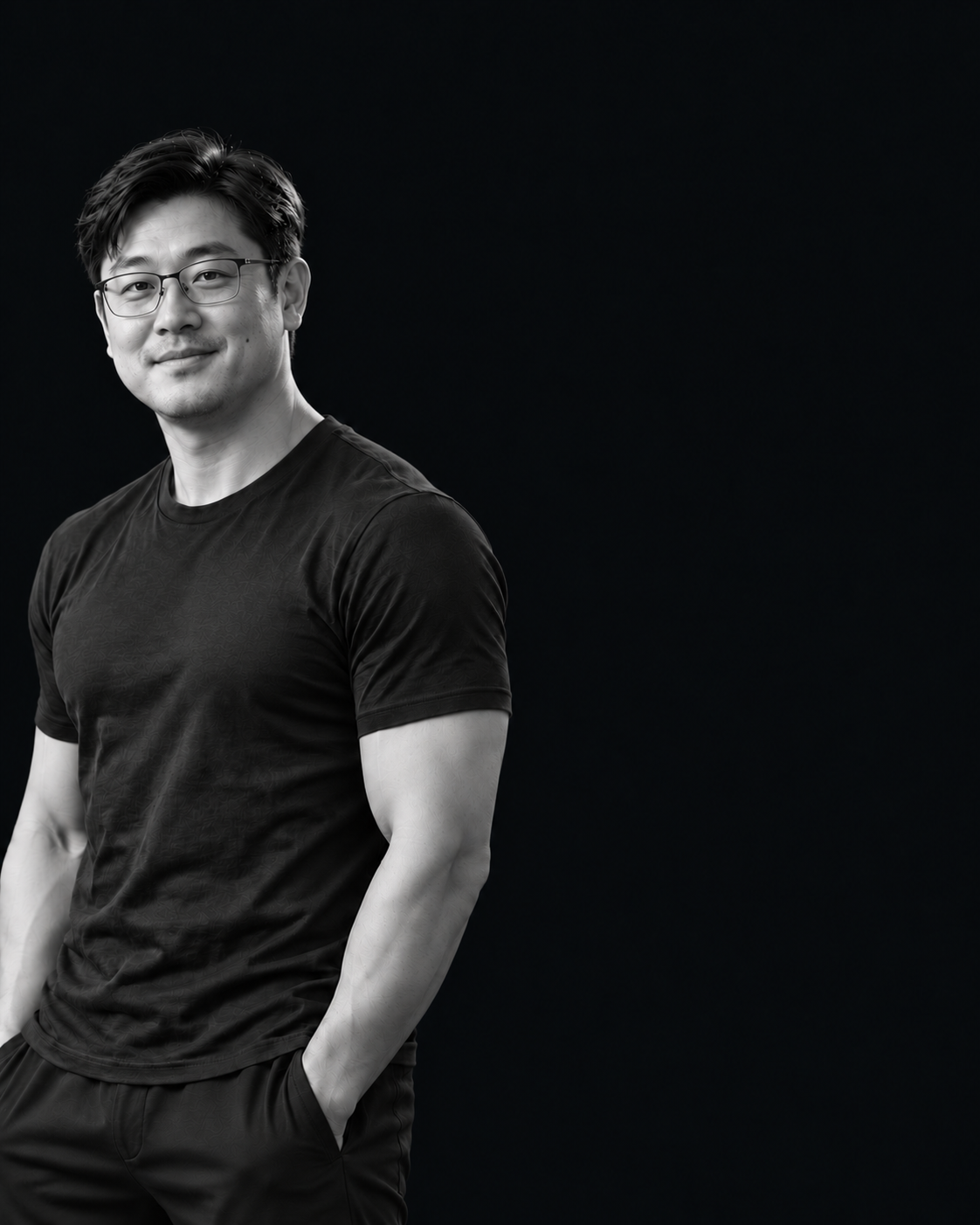 AI로 만든 가상 인물, 트레이너 민도하의 흑백 상반신 사진