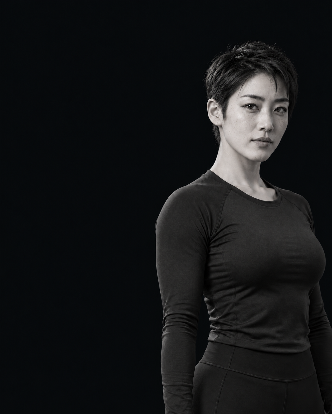 AI로 만든 가상 인물, 트레이너 윤해솔의 흑백 상반신 사진