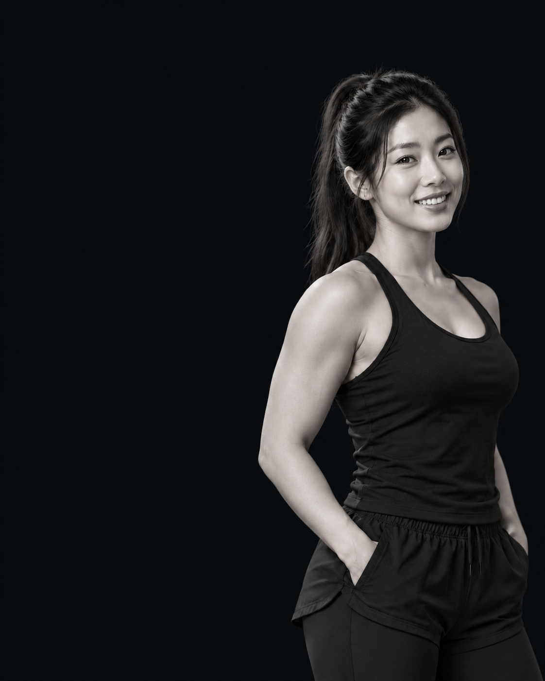 AI로 만든 가상 인물, 트레이너 주세나의 흑백 상반신 사진