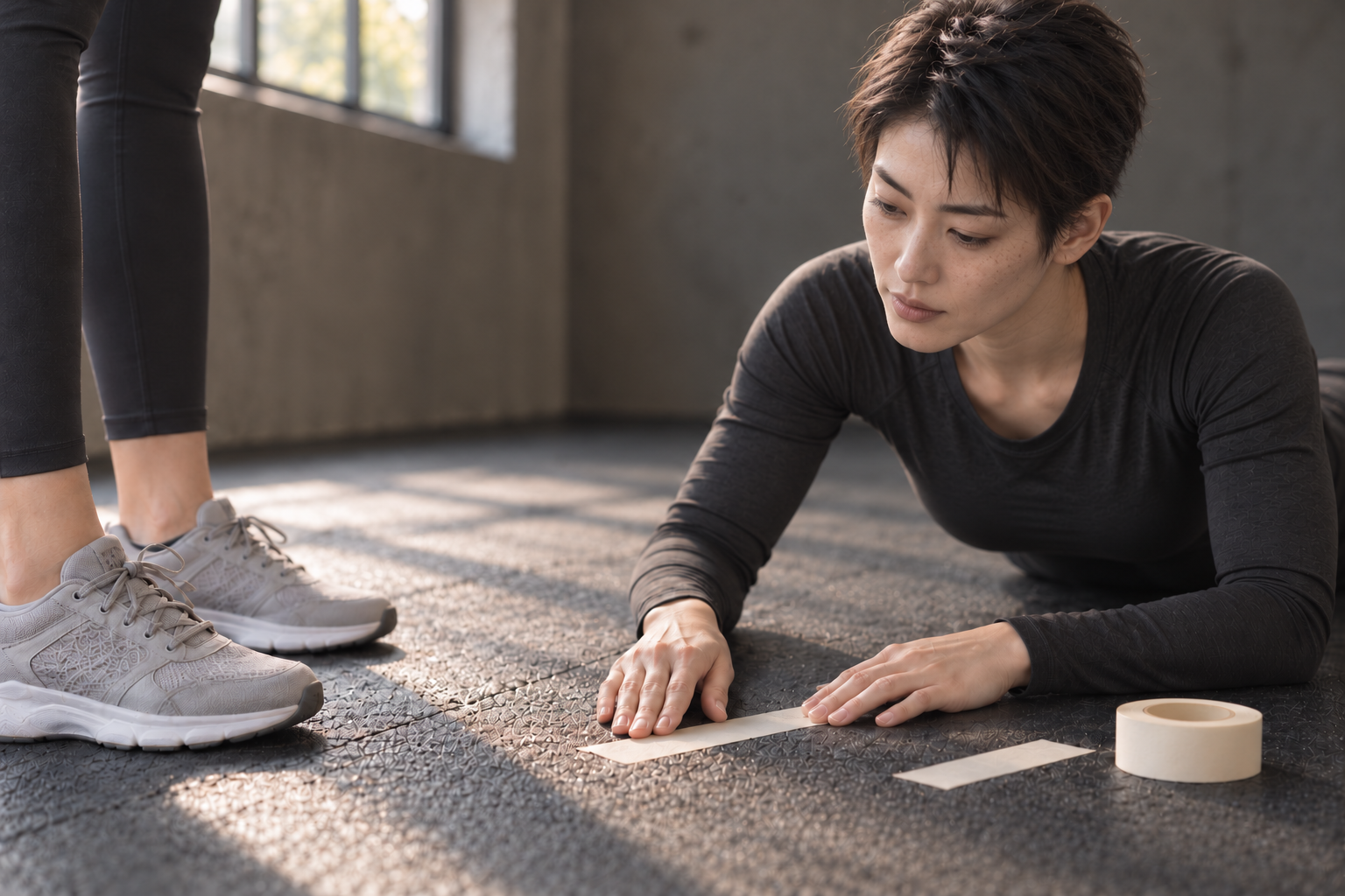 AI로 만든 가상 인물, 트레이너 윤해솔이 바닥에 무릎을 꿇고 회원의 발 옆에 발 위치 테이프를 손끝으로 눌러 붙이는 장면