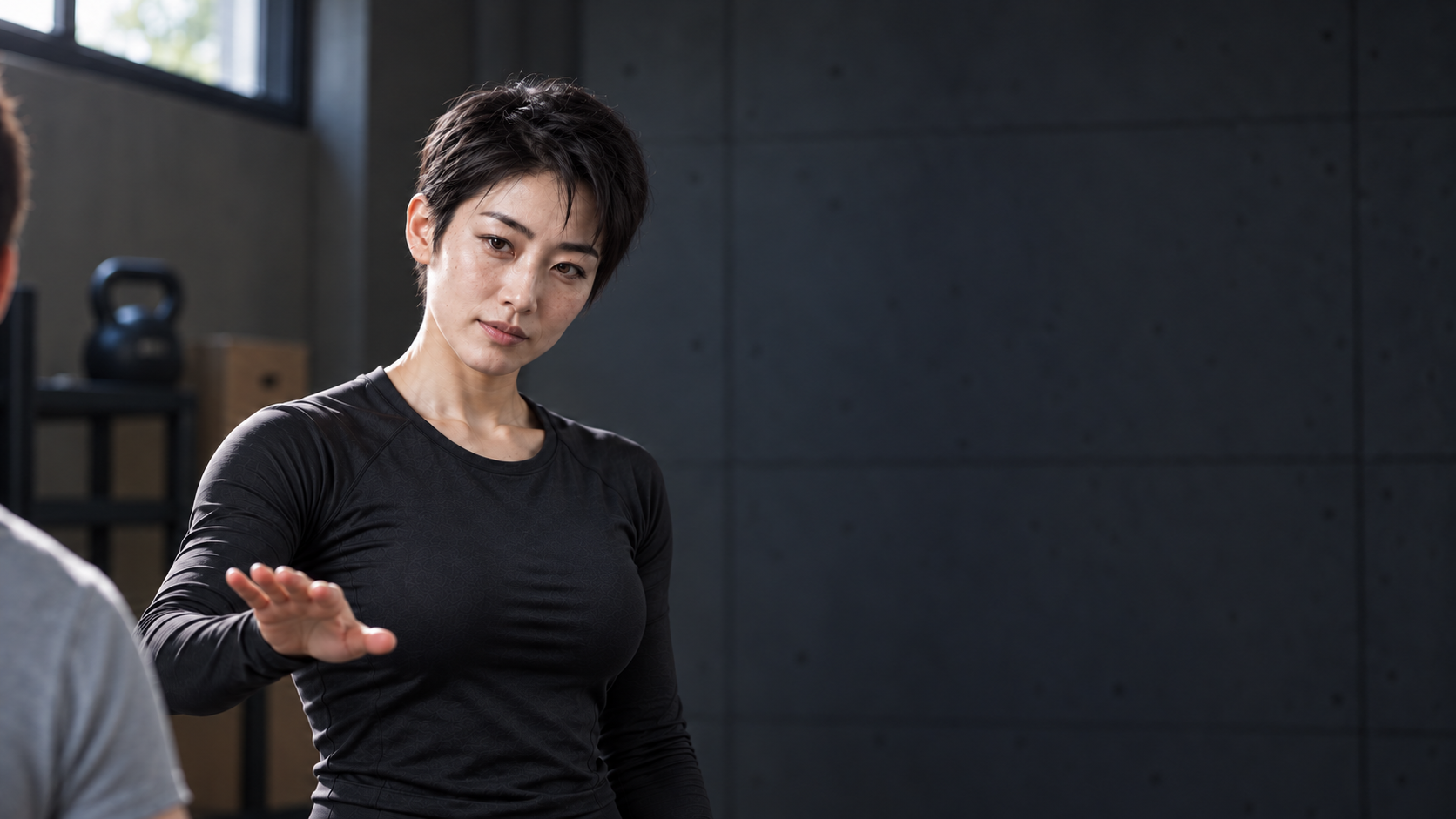 AI로 만든 가상 인물, 트레이너 윤해솔이 회원의 어깨선을 손으로 짚어 보이며 동작을 지켜보는 장면. 회원은 뒷모습만 보인다